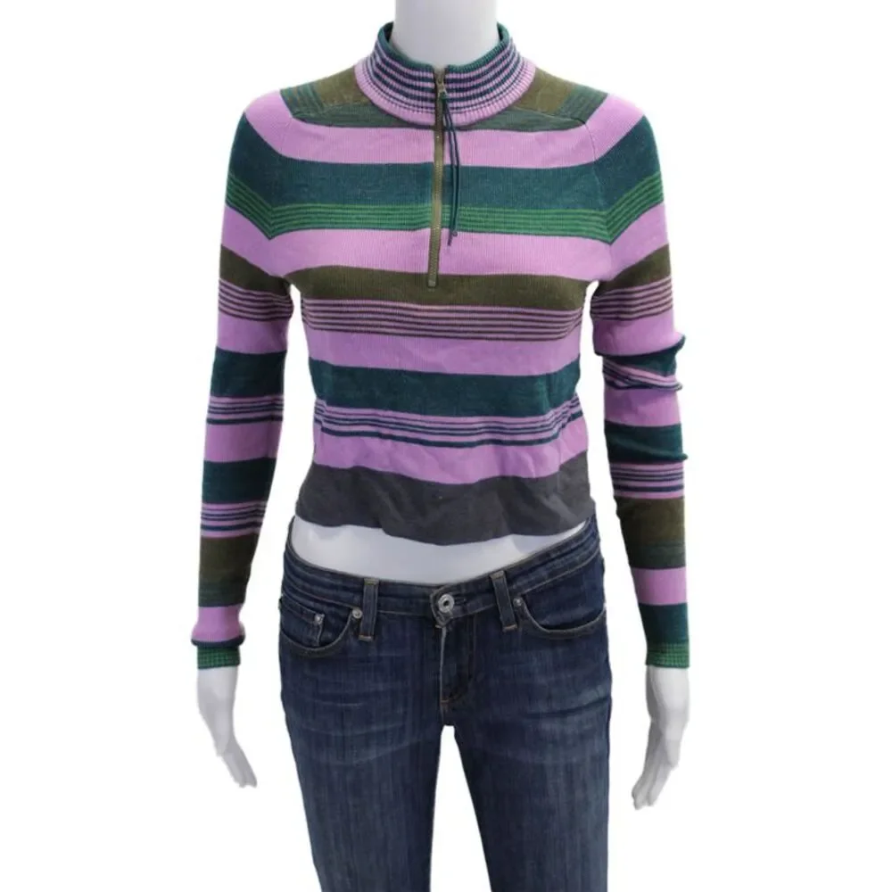 Free People Womens Long Sleeve Striped Mock Neck Sweater Purple Teal Size XS